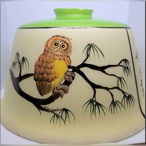 Vntg. Owls Handpainted Glass Lampshade 40s